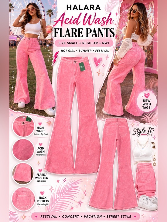 HALARA Denim - Halara Pink Acid Wash Flare Pants High Waisted Wide Leg Size S NWT
